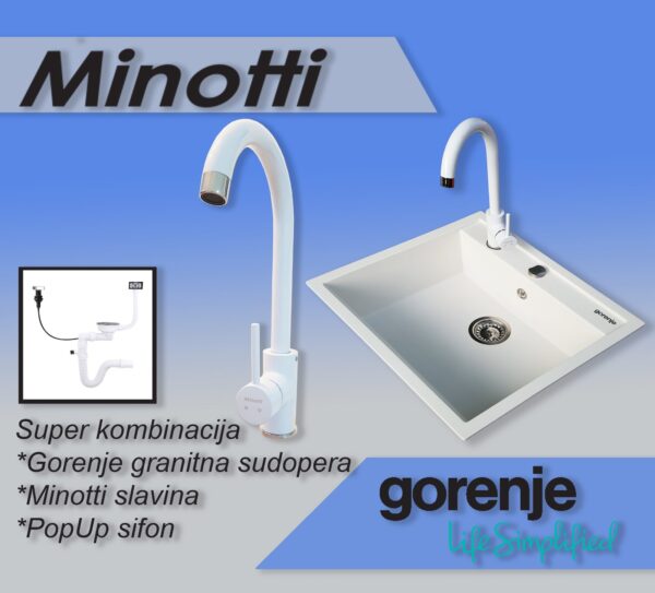 Set bela sudopera od granita Gorenje KM 15 bela + bela Minotti 6118 B jednoručna slavina za sudoperu