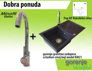 Set sudopera i slavina, karbon boja granitna sudopera G Stone KM 21 i slavina Minotti 6118 B hrom