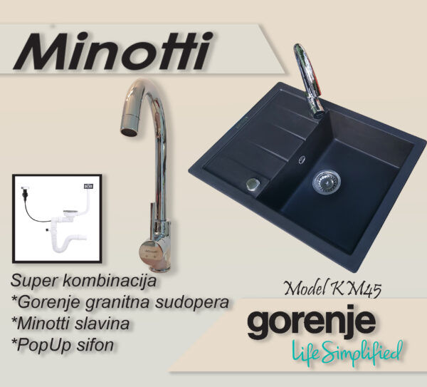 KM 45 karbon Gorenje granitna sudopera sa slavinom Minotti 6118 B hrom