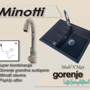 KM 45 karbon Gorenje granitna sudopera sa slavinom Minotti 6118 B hrom