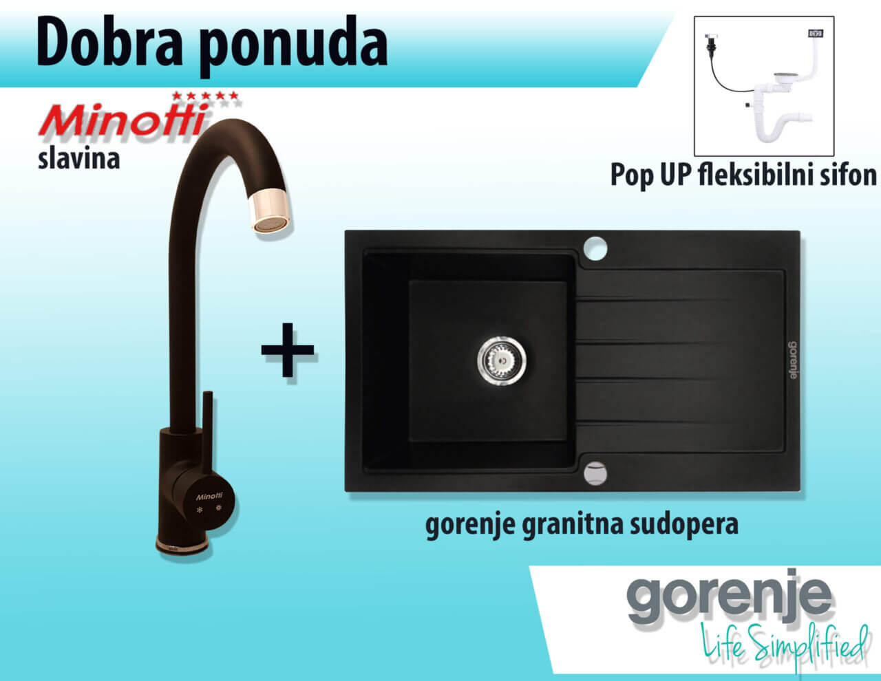 Set sudopera i slavina, karbon boja granitna sudopera G Stone KM 21 i crna slavina Minotti 6118 B