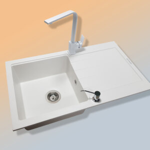 Granitna sudopera Gorenje KM21 bela + Elegance Bela Slavina + ugradni dozer za tečnost