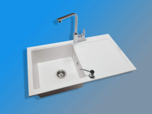 Granitna sudopera G Stone KM21 bela + Elegance Hrom Slavina + ugradni dozer za tečnost