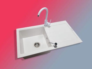Granitna sudopera G Stone KM21 bela + Minotti Bela Slavina + Ugradni dozer za tečnost