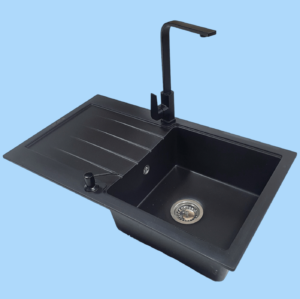 Set sudopera sa slavinom i sifonom G Stone KM 21 karbon + Elegance Black + Crni ugradni dozer